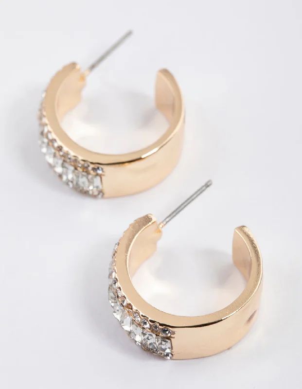 Cedar wood earrings-Gold Baguette Diamante Small Hoop Earrings