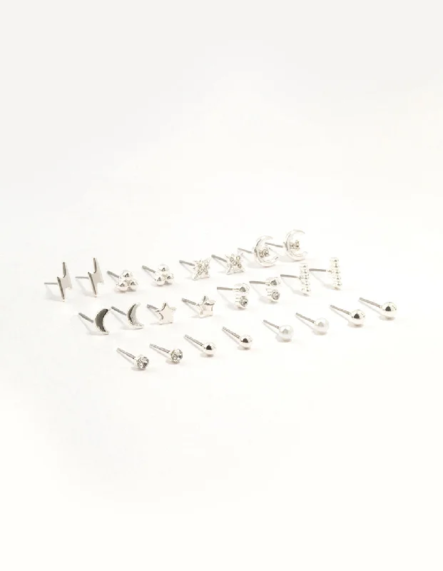 Pure stud earrings-Silver Star & Moon Stud Earrings 12-Pack