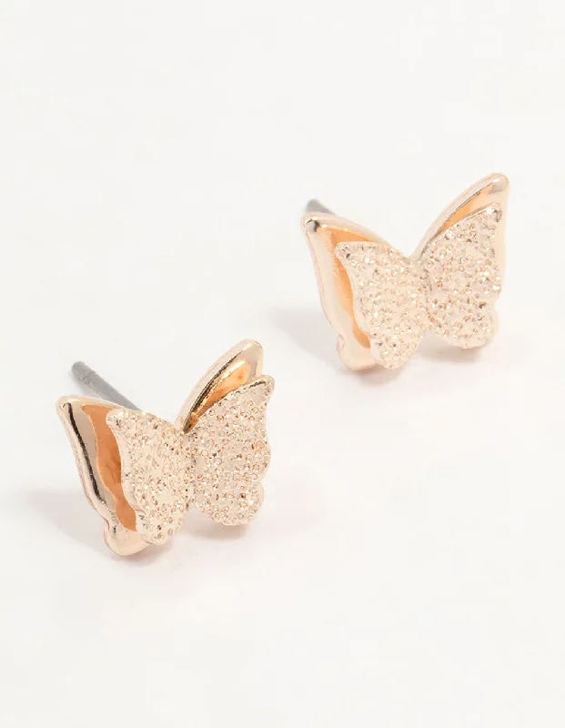 Wide tier earrings-Rose Gold Sandblast Butterfly Stud Earrings