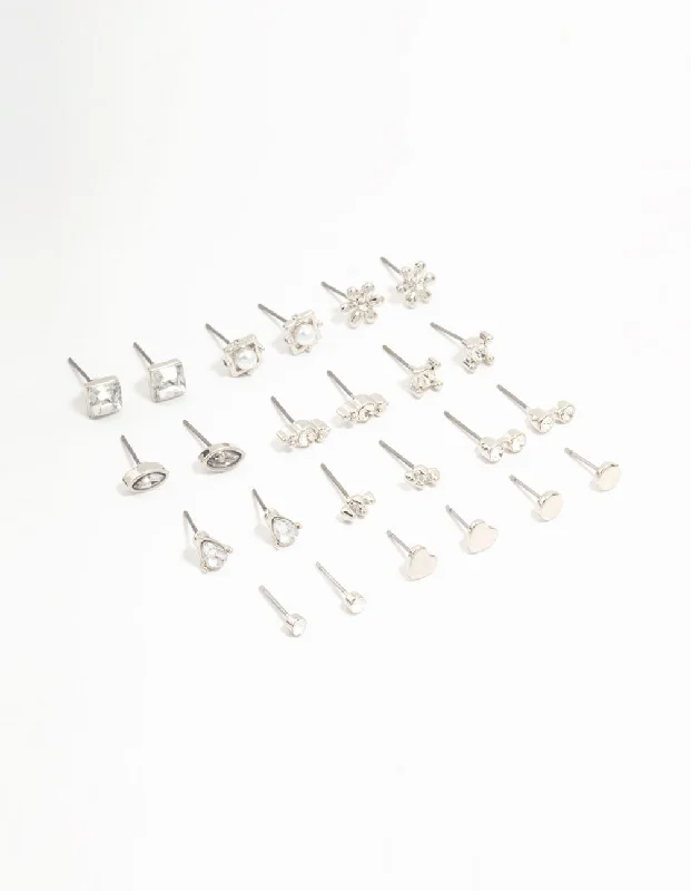 Pink gold earrings-Silver Diamante Stud Earrings 12-Pack