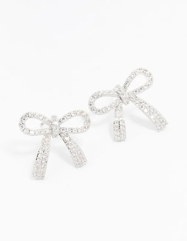 Java tile earrings-Silver Cubic Zirconia Bow Stud Earrings