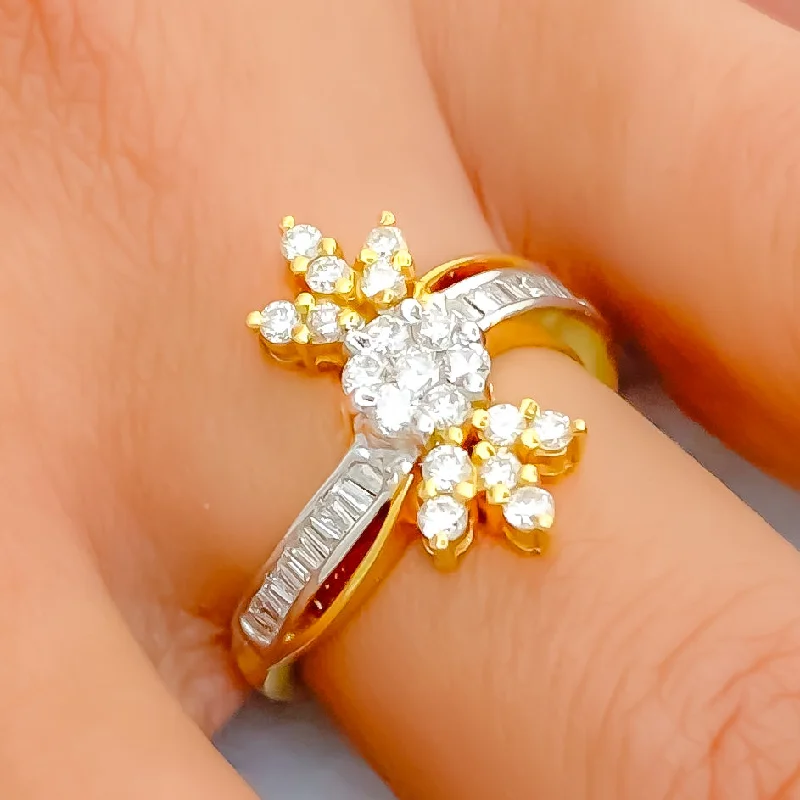 Surf theme engagement rings-Two Tone Flower Diamond + 18k Gold Ring