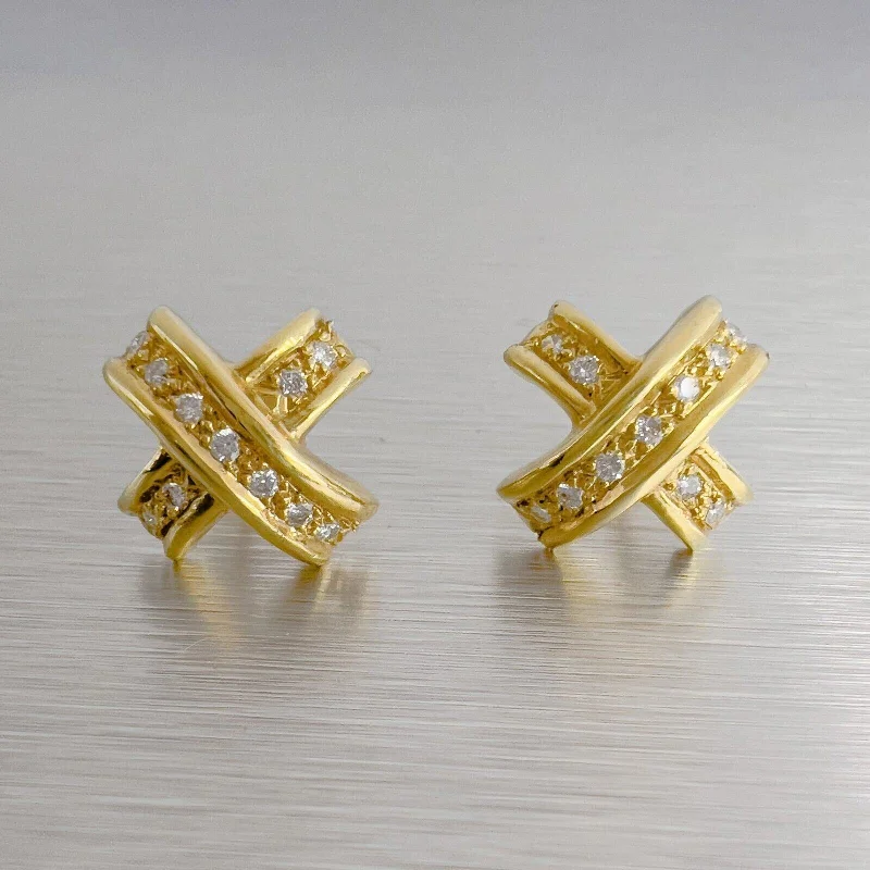 Topaz earrings-18k Yellow Gold Diamond Curved X Criss Cross Earrings 0.20ctw 5.3g VINTAGE