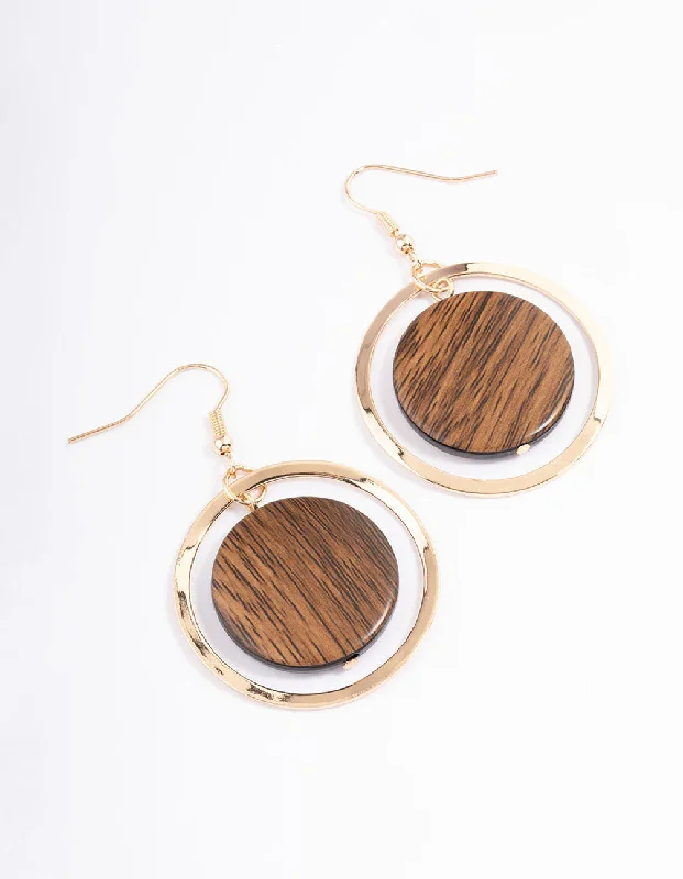 Deco style earrings-Brown Round Wood Drop Earrings