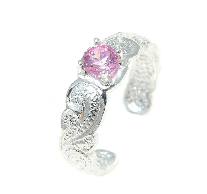 Handcrafted engagement rings-STERLING SILVER 925 HAWAIIAN SCROLL DESIGN CUT OUT TOE RING PINK CZ