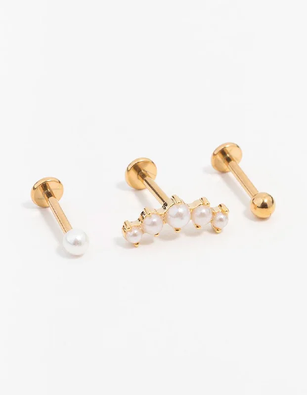 Pink gold earrings-Gold Plated Surgical Steel Pearl Crawler Flat Back Earrings 3-Pack