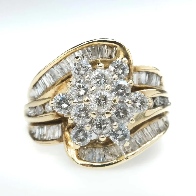 Twisted shank engagement rings-2.28ctw Round & Baguette Cut Diamond Cluster Ring in 10K Yellow Gold