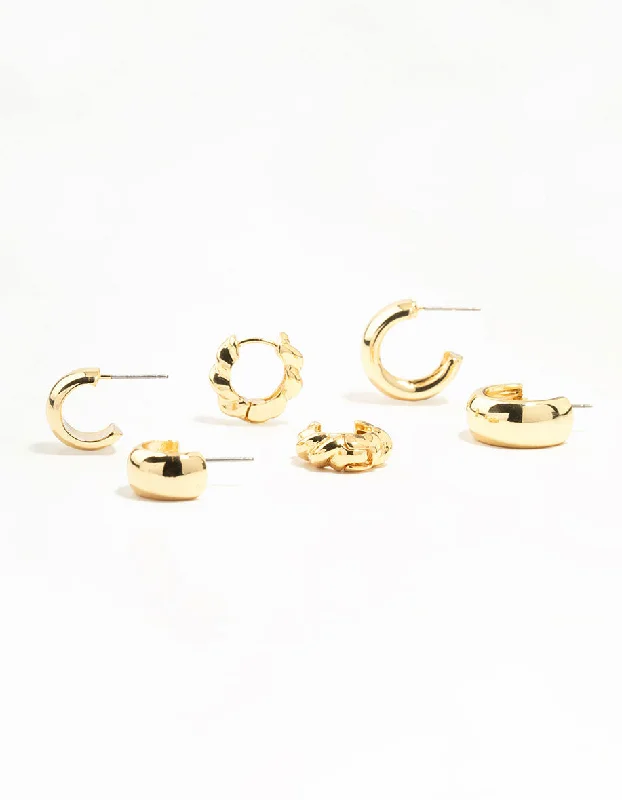 Patina brass earrings-Gold Plated Plain & Twisted Chubby Hoop Earrings 3-Pack