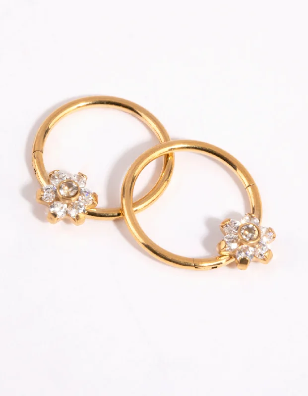 Vintage flair earrings-Gold Plated Surgical Steel Small Flower Hoop Earrings