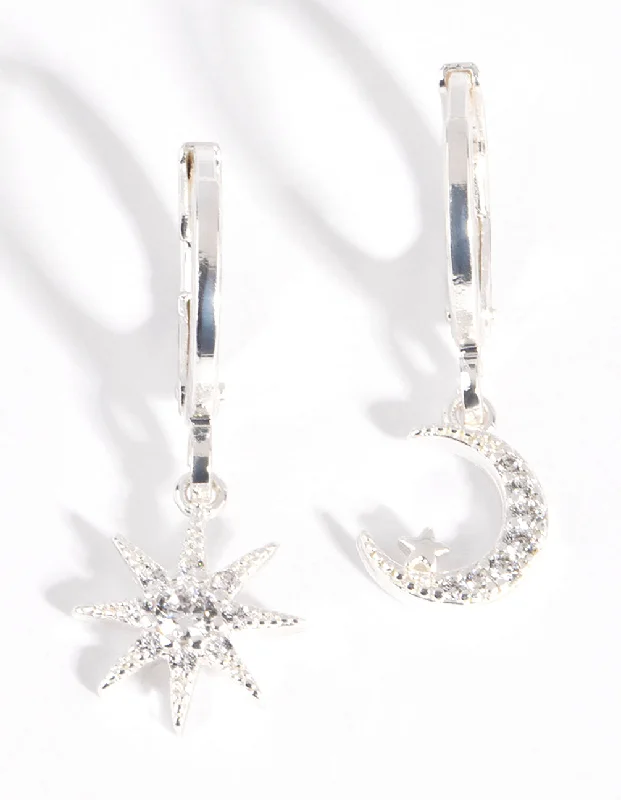 Astro charm earrings-Silver Diamante Mismatched Celestial Huggie Earrings