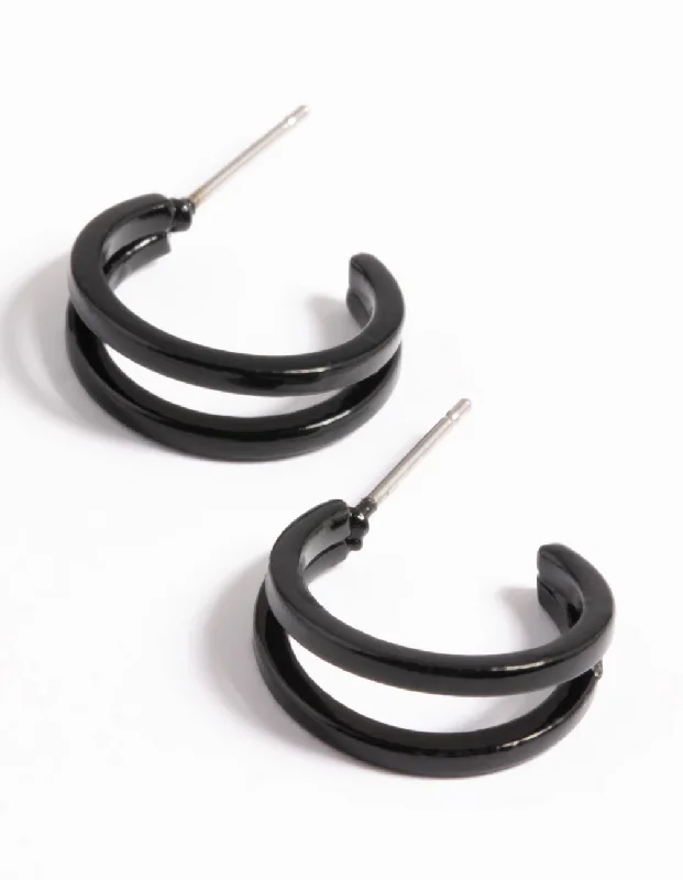 Vivid gem earrings-Black Double Huggie Hoop Earrings