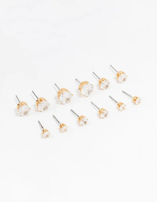 Thin bead earrings-Classic Gold Round Cubic Zirconia Earrings 6-Pack