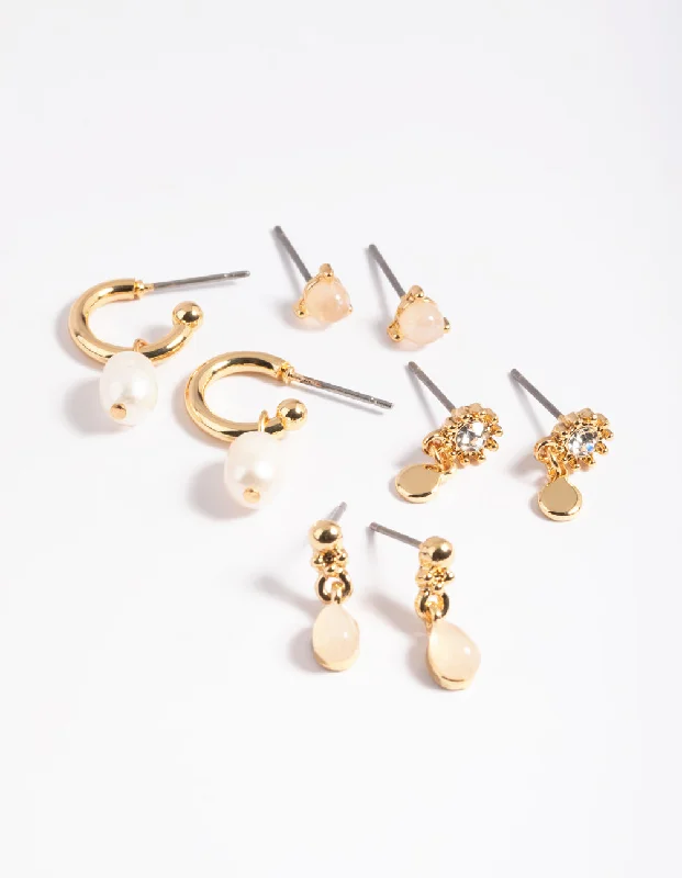 Stellar glow earrings-Gold Plated Rose Quartz & Freshwater Pearl Earring Stack 4-Pack