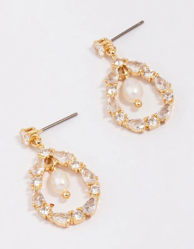 Surf motif earrings-Gold Plated Marquise Encased Pearl Drop Earrings