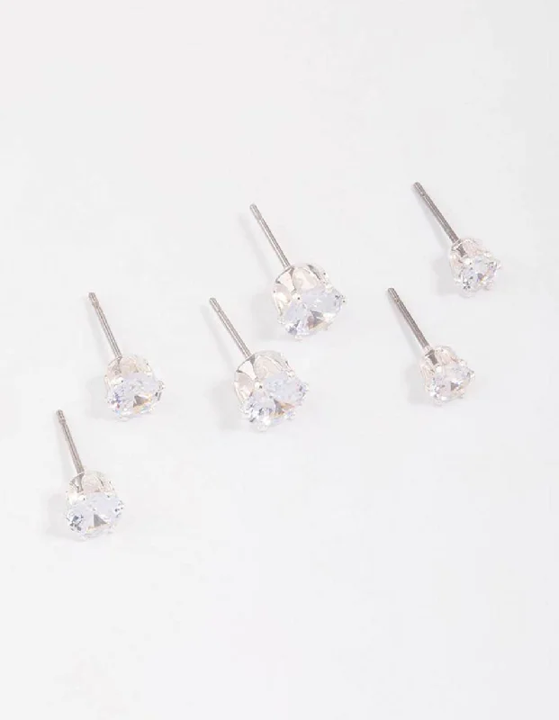 Layered tier earrings-Silver Graduating Diamante Stud Earring 3-Pack