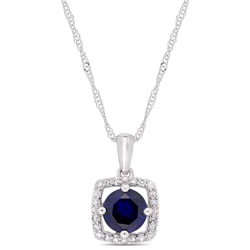 Oval shape necklaces-Miadora 10k White Gold Created Blue Sapphire and 1/10ct TDW Diamond Floating Square Halo Dangle Necklace