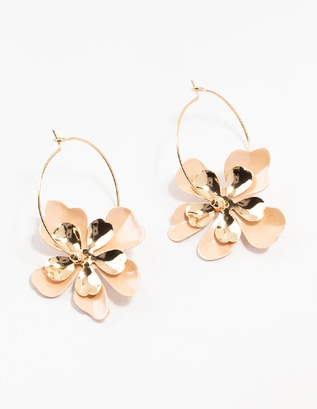 Java tile earrings-Gold Coated Metal Flower Hoop Earrings