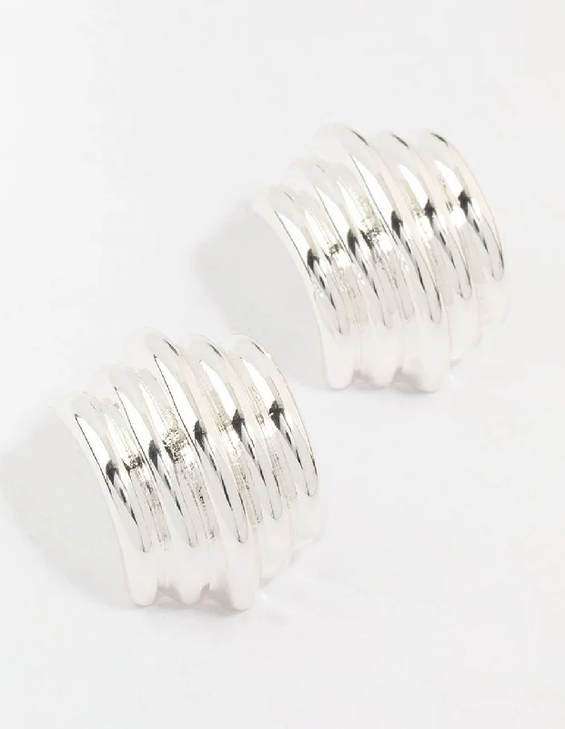 Two-tone earrings-Silver Plated Ribbed Medium Stud Earrings