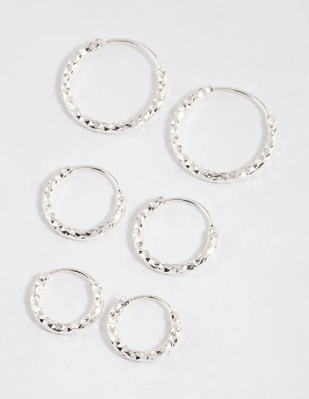 Simple cross earrings-Silver Graduated Textured Hoop Earrings Pack