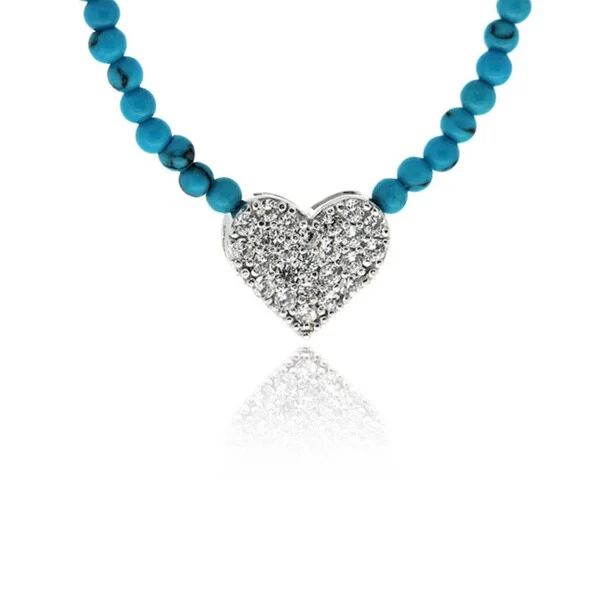 Fox charm necklaces-Dolce Giavonna Sterling Silver CZ and Faux Turquoise Heart Necklace