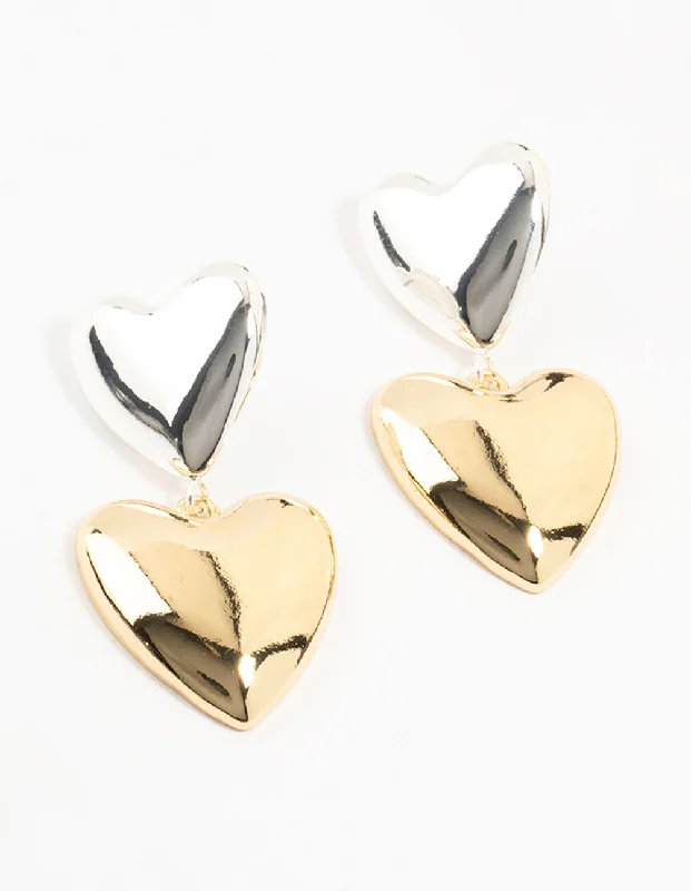 Dove feather earrings-Mixed Metals Double Heart Drop Stud Earrings