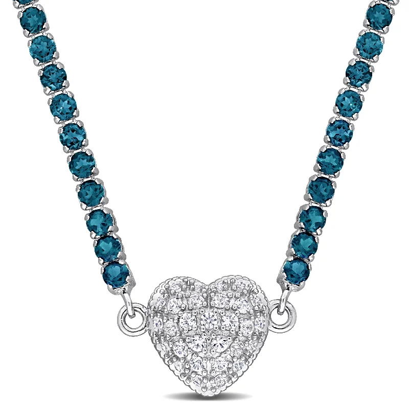 Wave pattern necklaces-Miadora 12 7/8ct TGW London Blue Topaz Created White Sapphire Heart Necklace in Sterling Silver-17 in