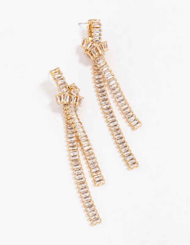 Textured disc earrings-Gold Plated Cubic Zirconia Baguette Knotted Drop Earrings