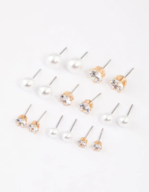 Bright stud earrings-Gold Graduating Diamante & Pearl Earrings 8-Pack