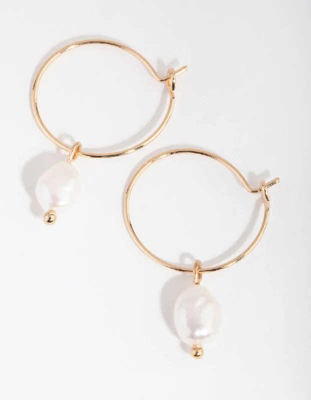 Crystal-twisted earrings-Gold Freshwater Pearl Pebble Pendant Hoop Earrings