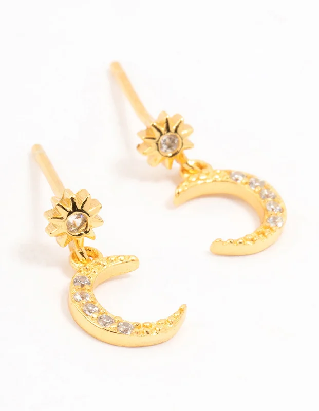 Playful pair earrings-Gold Plated Sterling  Silver Celestial Cubic Zirconia Drop Earrings