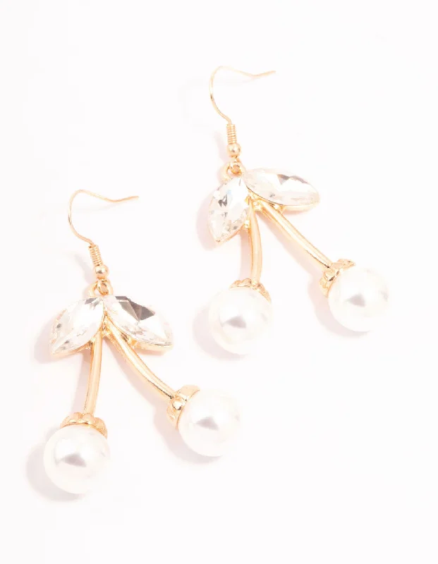 Pink gold earrings-Gold Diamante Pearl Cherry Drop Earrings