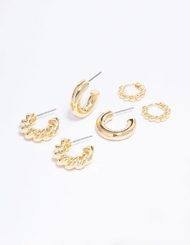 Thin pearl earrings-Gold Plated Small Textured Hoop Earring 3-Pack