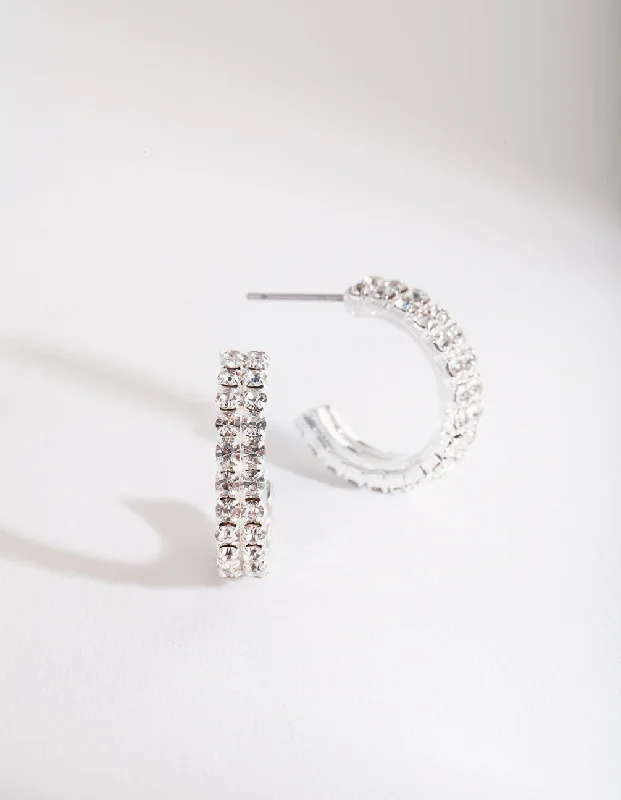 Fine triangle earrings-Silver Mini Diamante Hoop Earrings