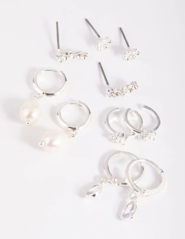 Flat badge earrings-Silver Diamante & Freshwater Pearl Huggie Hoop Earrings