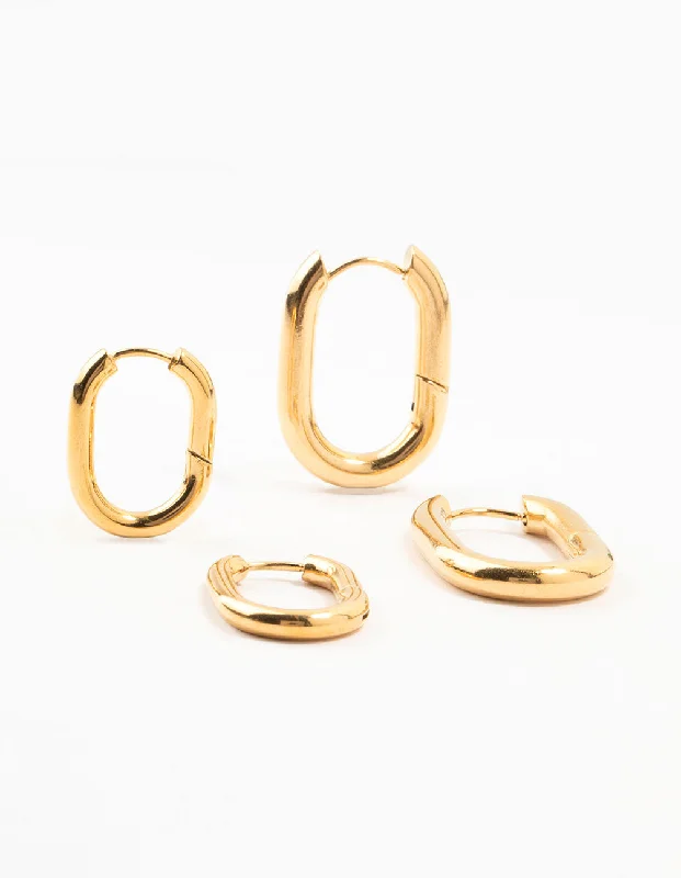 Square stud earrings-Waterproof Gold Plated Stainless Steel Square Oval Hoop Earrings 2-Pack