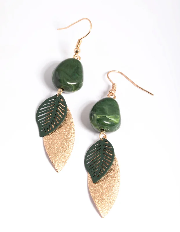 Tiny wing earrings-Gold Marble & Leaf Drop Earrings