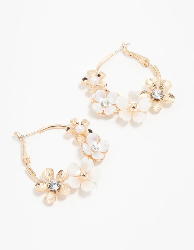 Stellar glow earrings-Gold Pearlised Flower Hoop Earrings