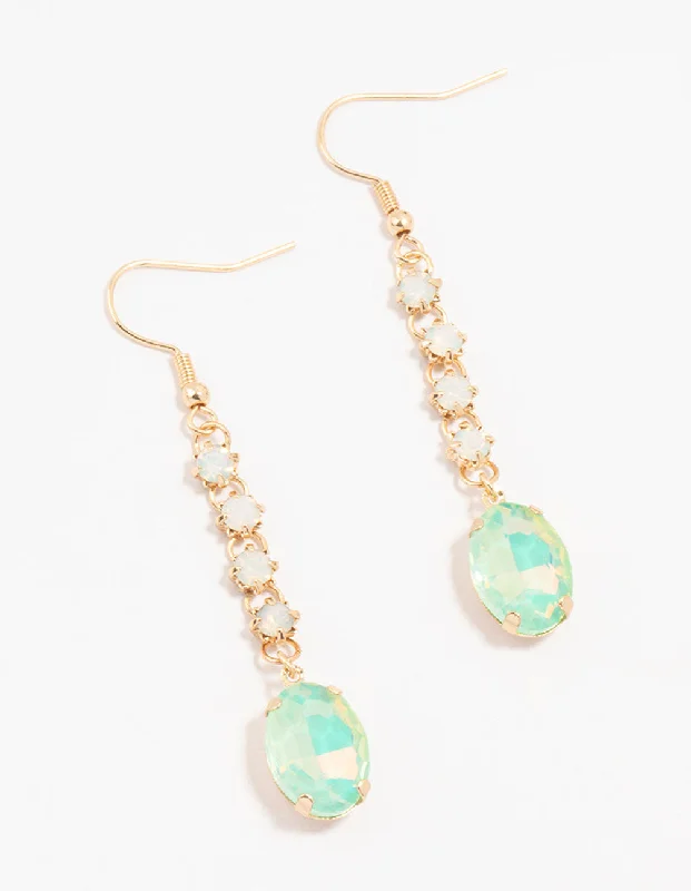 Radiant star earrings-Gold & Green Cup Chain Diamante Oval Drop Earrings