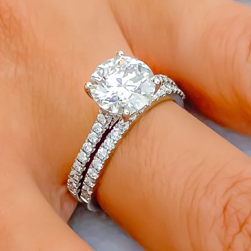 Vintage lock engagement rings-Radiant Round Diamond + 14k Gold Dual Band Ring