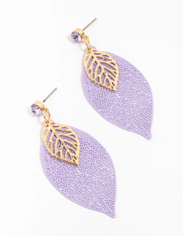 Aged bronze earrings-Purple & Gold Diamante Filigree Flower Drop Earrings