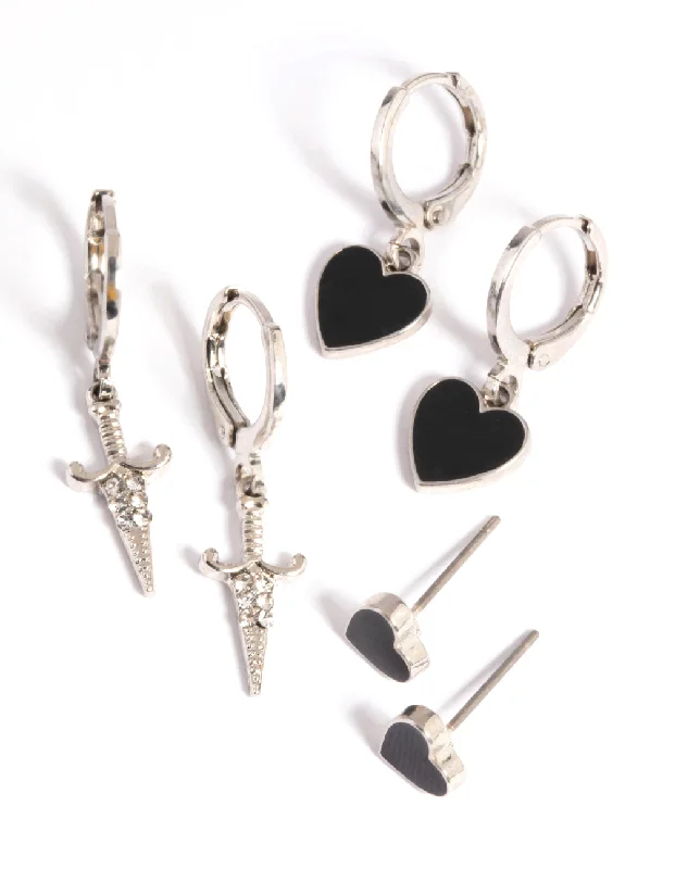 Fine threader earrings-Silver Heart Flame Earring Stack Pack