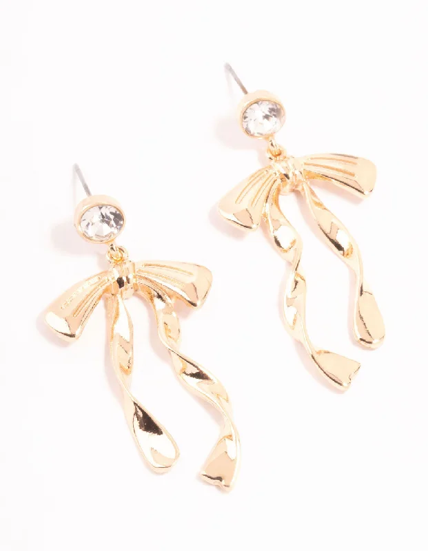 Morganite stud earrings-Gold Diamante Long Bow Drop Earrings