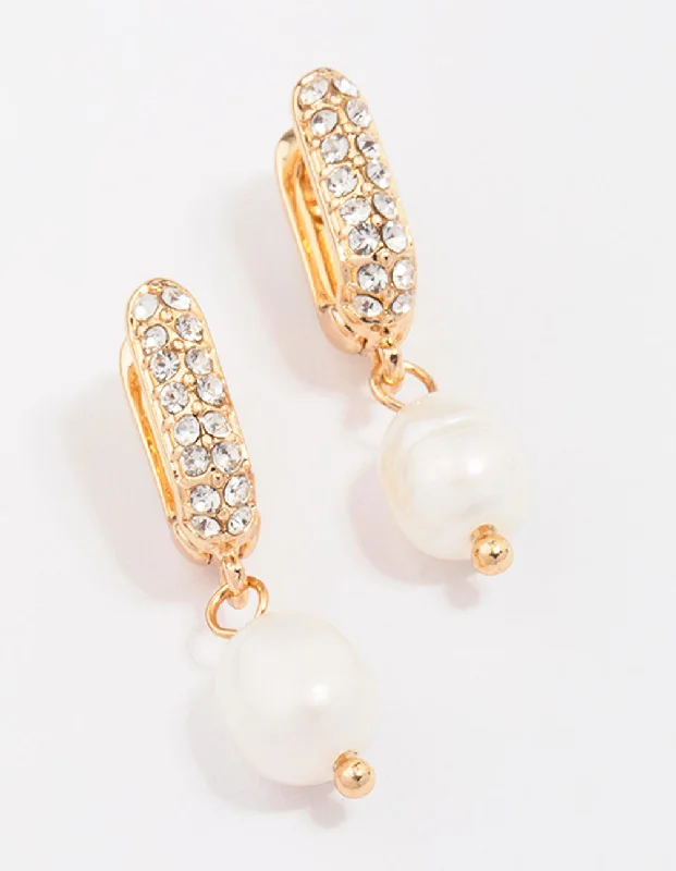 Square stud earrings-Gold Small Diamante & Pearl Drop Earrings