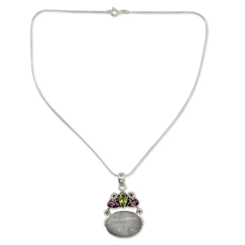 Alloy metal necklaces-Novica Handmade Aura Rainbow Moonstone And Amethyst Pendant Necklace