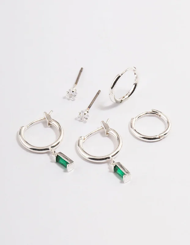 Tide design earrings-Silver Plated Brass  Cubic Zirconia Emerald Cut Huggie Earrings 6-Pack