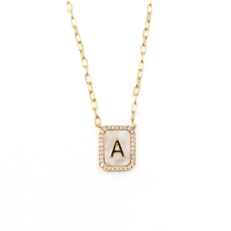 Dual birthstone necklaces-Alphabet Letter Necklace - Mother of Pearl & Crystals Small Tag