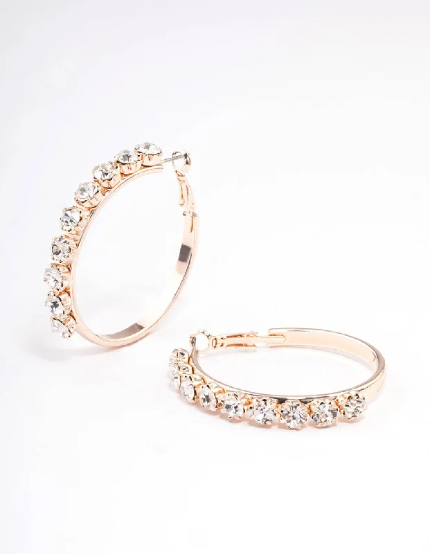 High gloss earrings-Rose Gold Round Diamante Medium Hoop Earrings