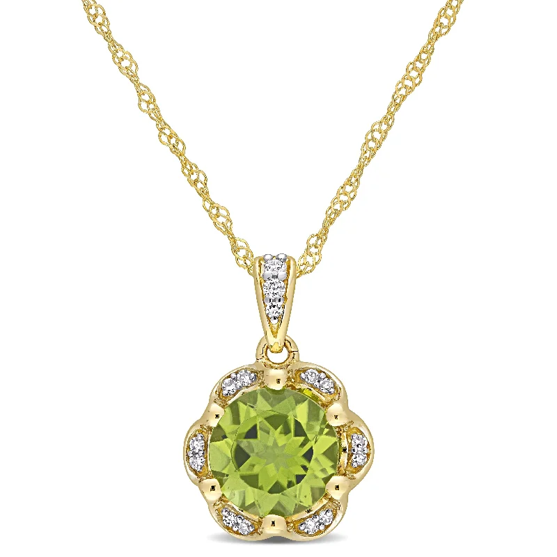 Stamped monogram necklaces-Miadora 14k Yellow Gold Peridot and Diamond Accent Floral Halo Birthstone Necklace - 15.5 mm x 17 inch x 10.5 mm