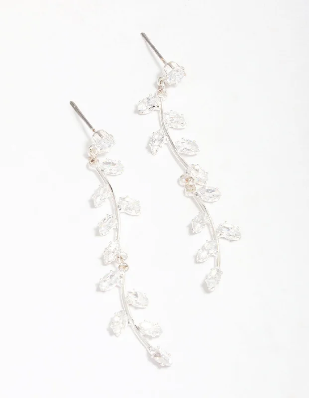 Textured disc earrings-Silver Plated Long Swirling Cubic Zirconia Vine Drop Earrings