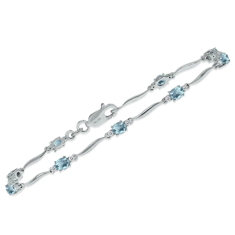 Agate bead bangles-Marquee Aquamarine and Diamond Wave Link Bracelet in .925 Sterling Silver